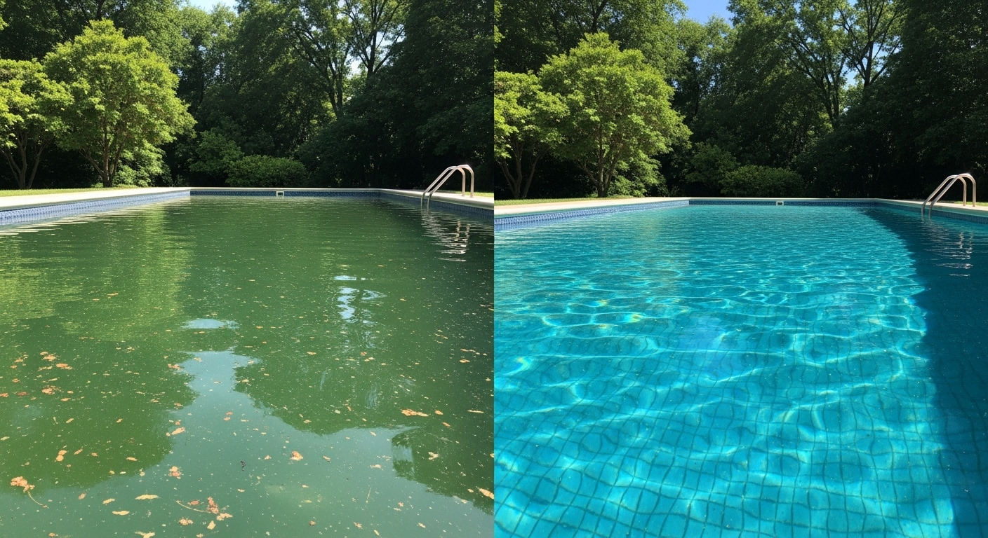 Vorher Nachher Vergleich trüber Pool v kristallklares Wasser